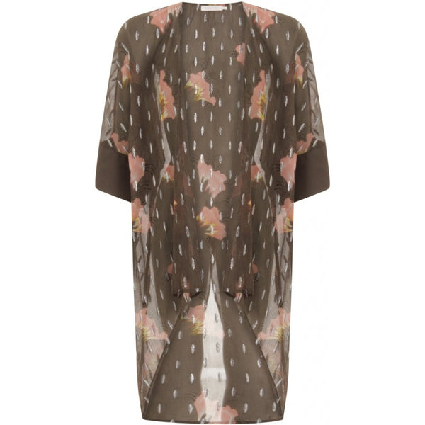 Kimono in sky print w. lurex and tied closing - Grey plum